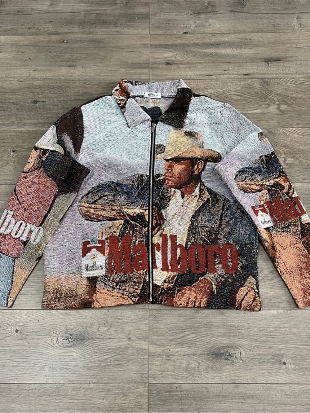 Marlboro Cowboy Graphic Zip-Up Sweater tapestry Jacket - Brown/Cream/Blue